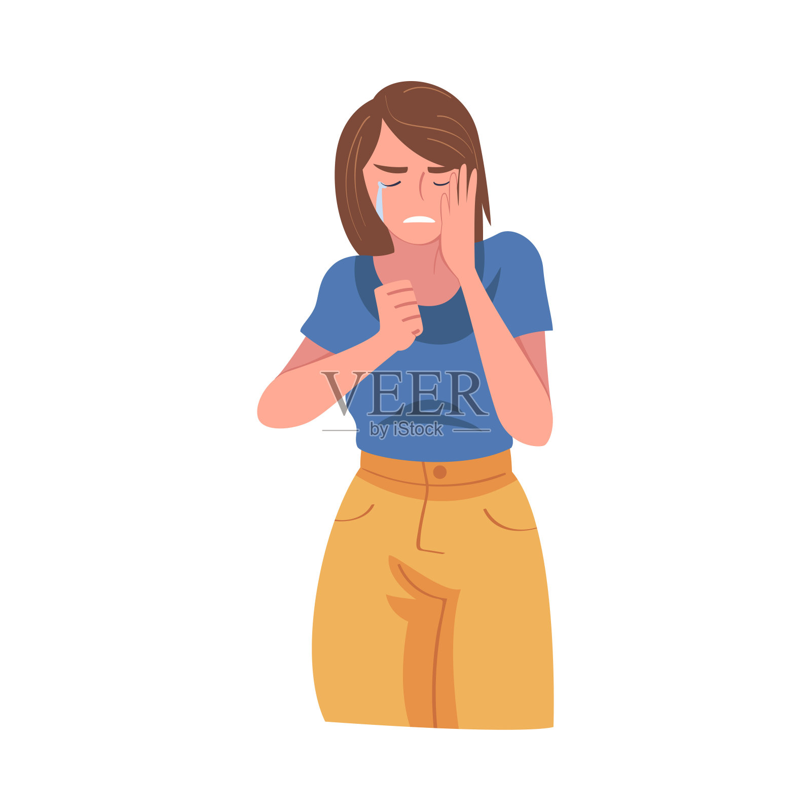 哭泣的女人因悲伤和痛苦而哭泣和抽泣，感到悲伤和沮丧矢量插画插画图片素材