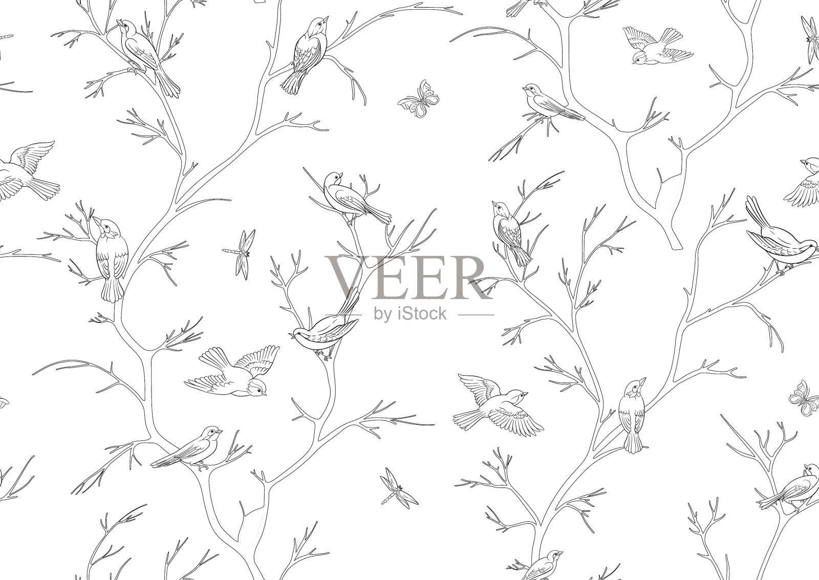 树枝与麻雀对抗天空插画图片素材