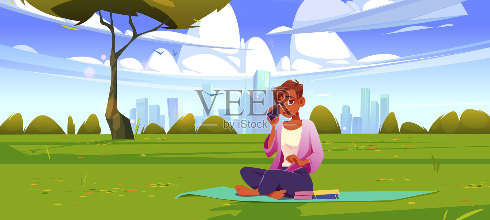 女人与放松的草坪景观与天际线插画图片素材