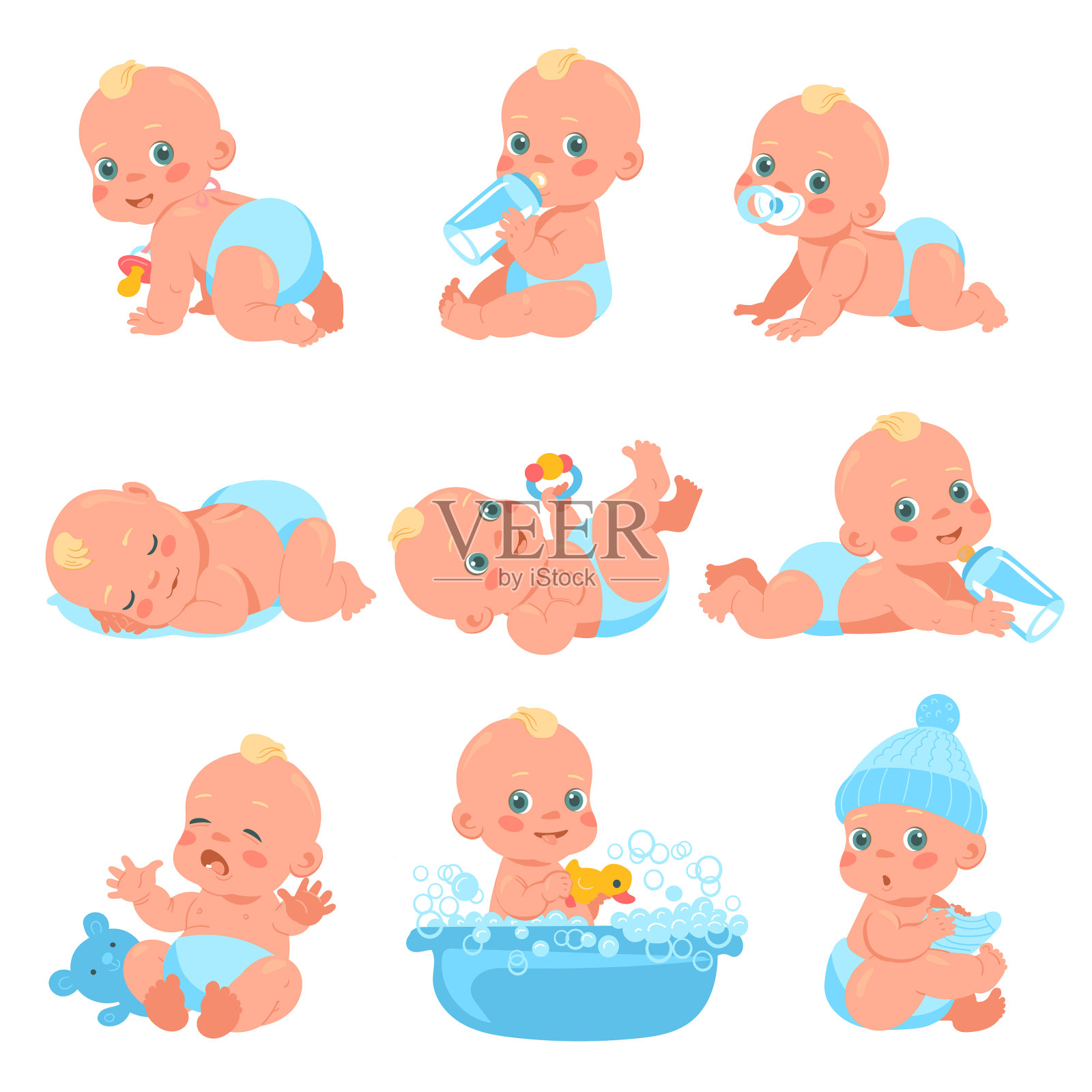 刚出生的婴儿，男孩，穿着尿布的小孩插画图片素材