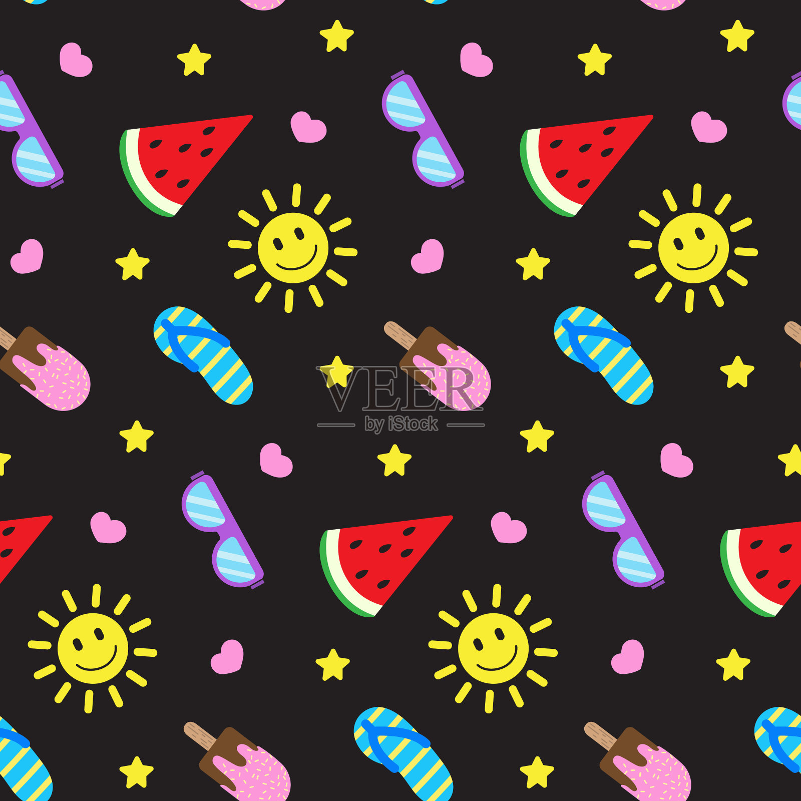 夏天无缝图案彩色元素上的黑暗插画图片素材