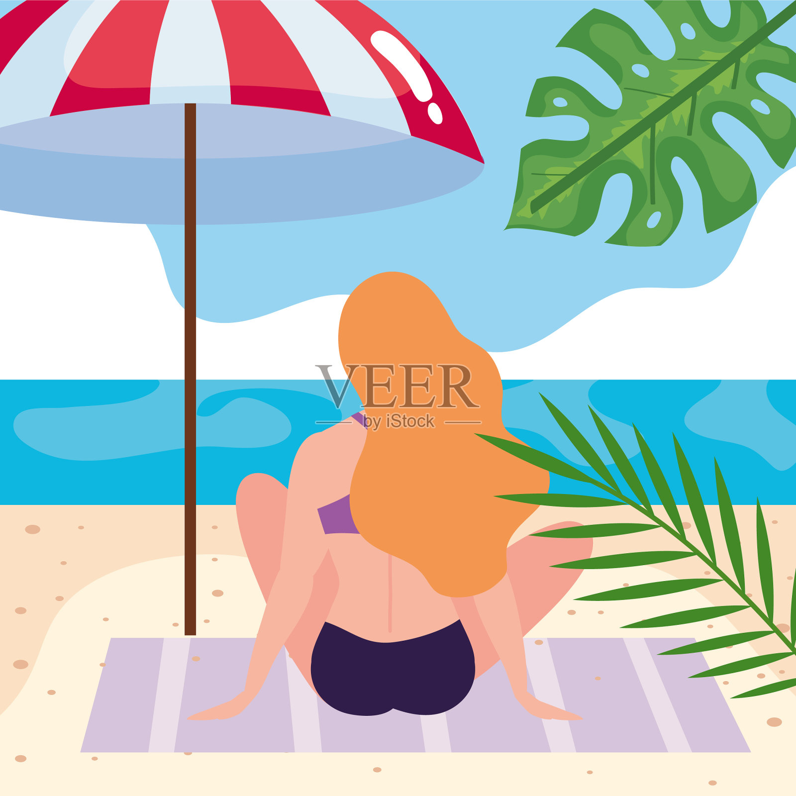 金发女子坐在沙滩上插画图片素材