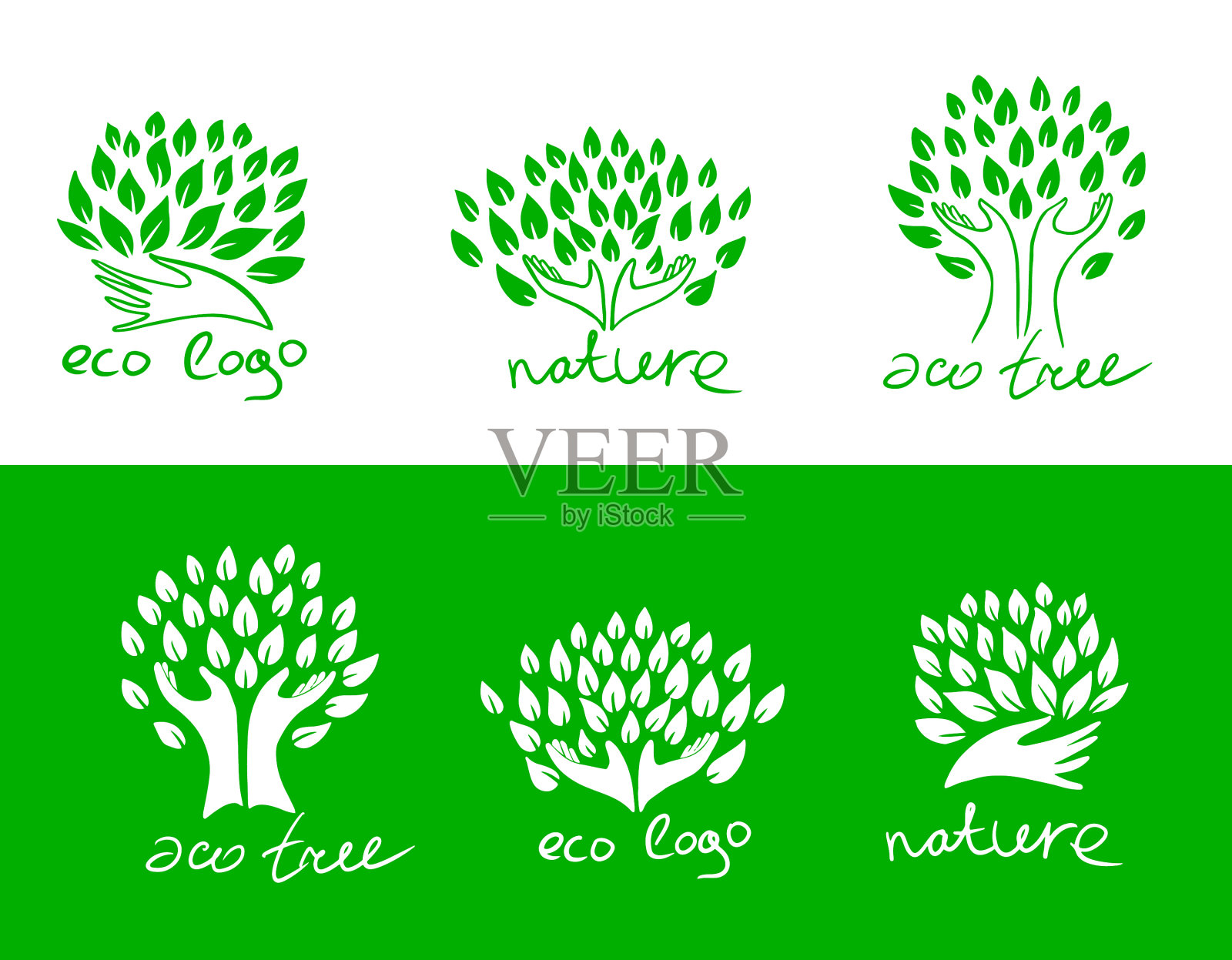 双手和一棵树用绿叶标志象征插画图片素材