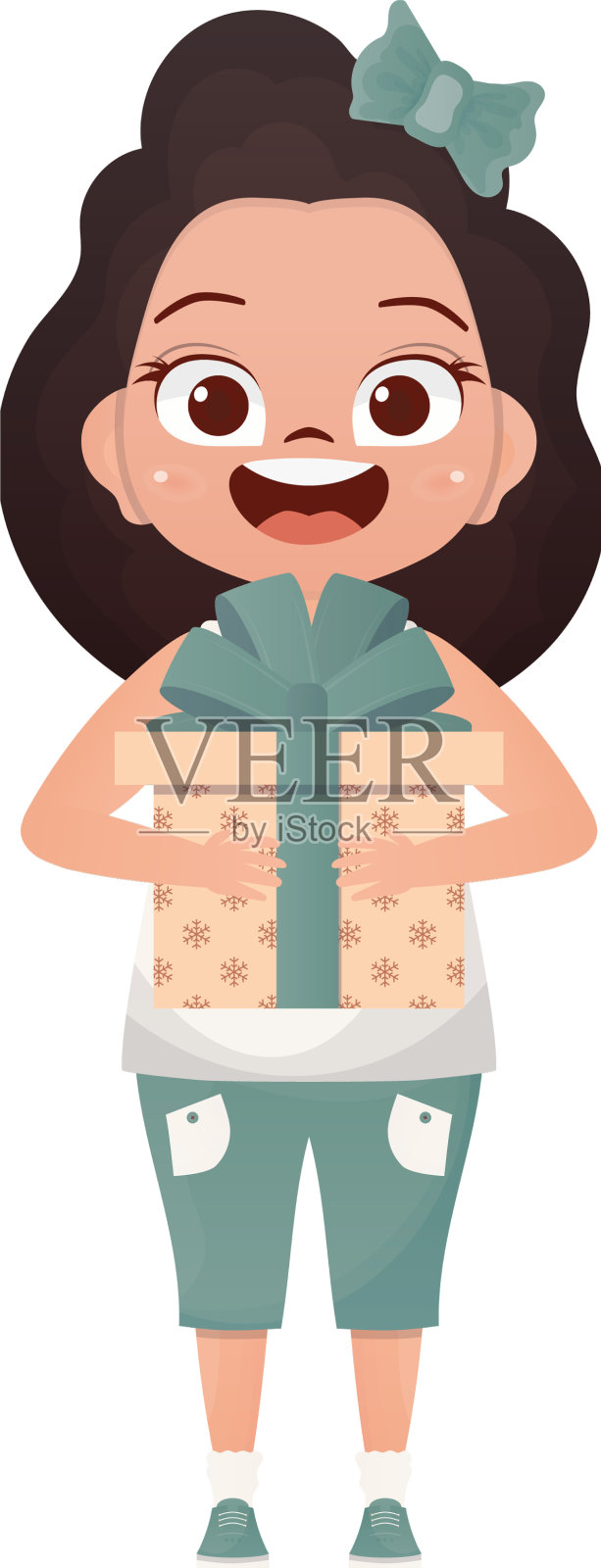 可爱的小女孩拿着一个礼品盒孤立在设计元素图片