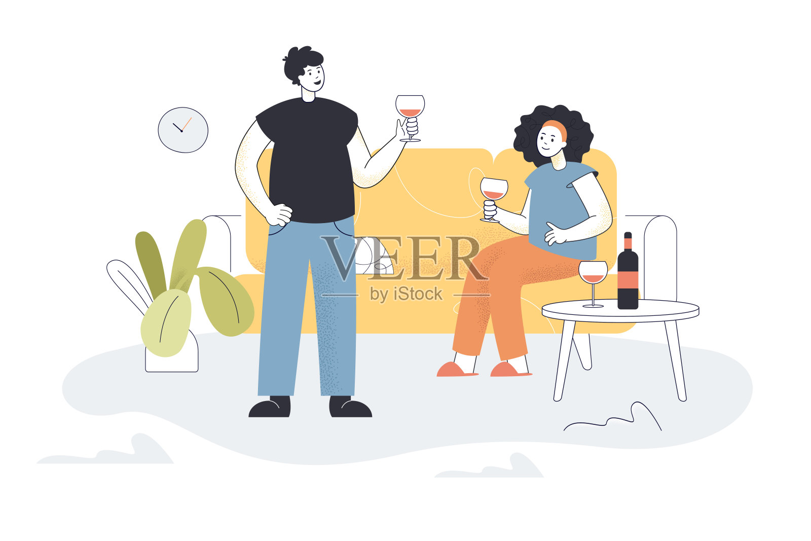 男人和女人喝葡萄酒在家里平面矢量插图插画图片素材