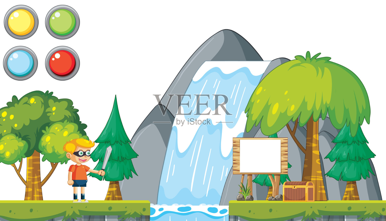 带有瀑布背景的游戏模板插画图片素材