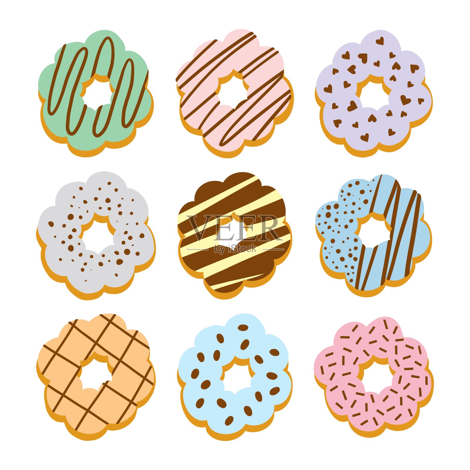 麻糬甜甜圈以柔和的颜色，糖釉和巧克力浇头设计元素图片