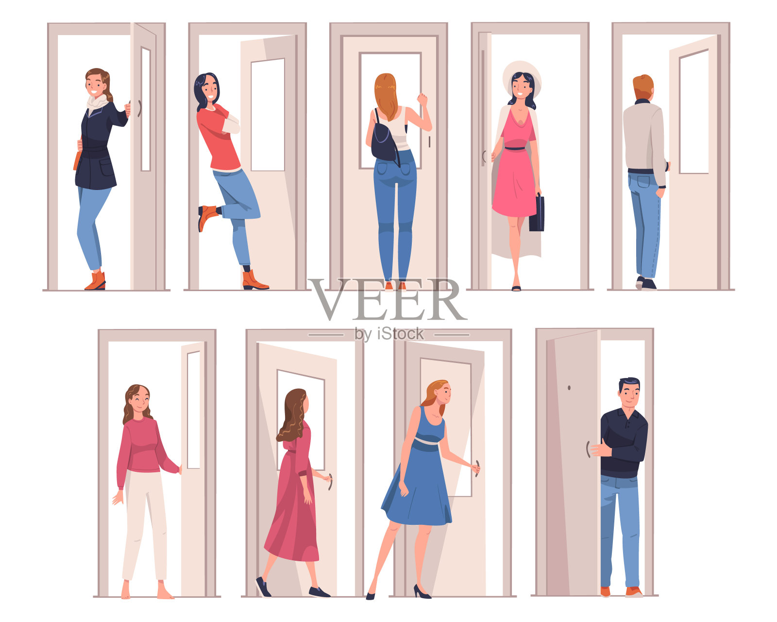 人物在门打开和关闭它进入和离开家矢量插图集插画图片素材