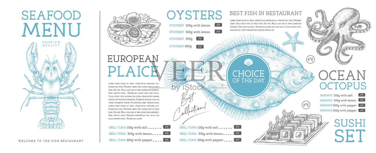 海鲜餐厅菜单设计以鱼为主插画图片素材