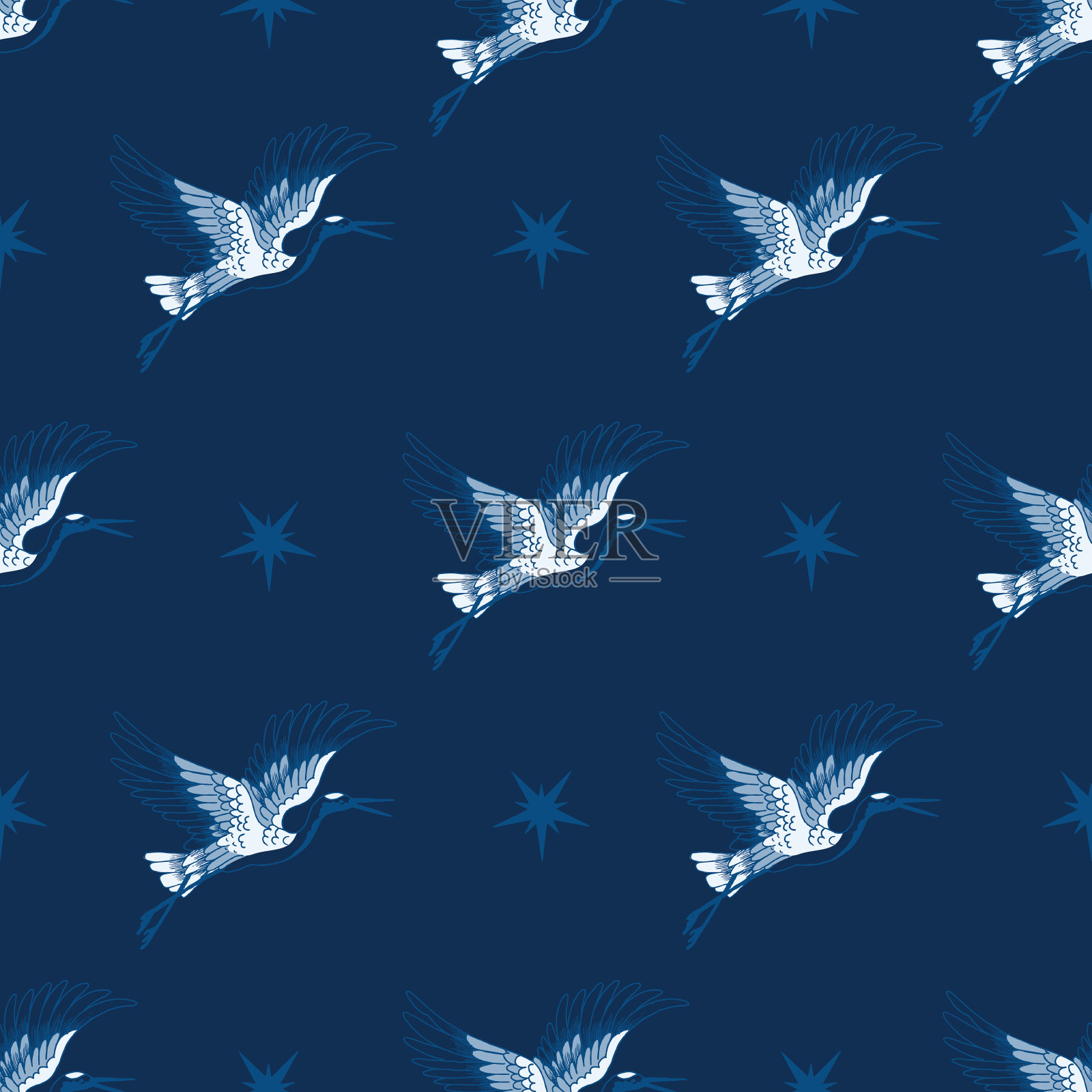 深蓝色的鹤与星星无缝图案插画图片素材