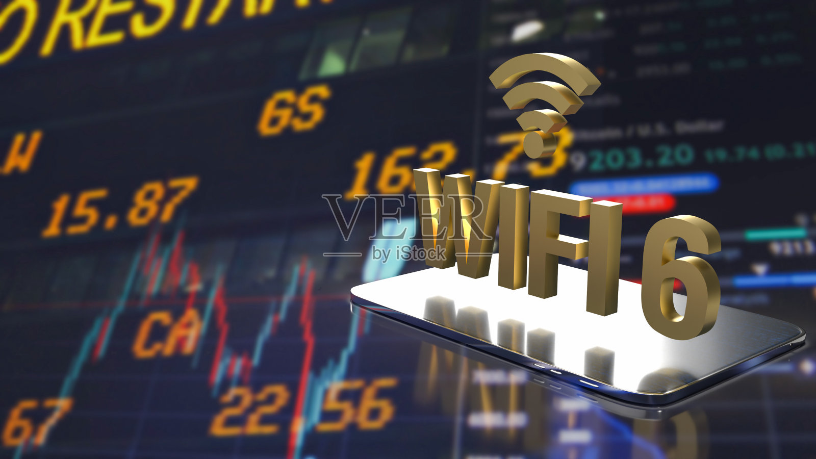 黄金wifi6智能手机上的互联网或技术概念3d渲染照片摄影图片