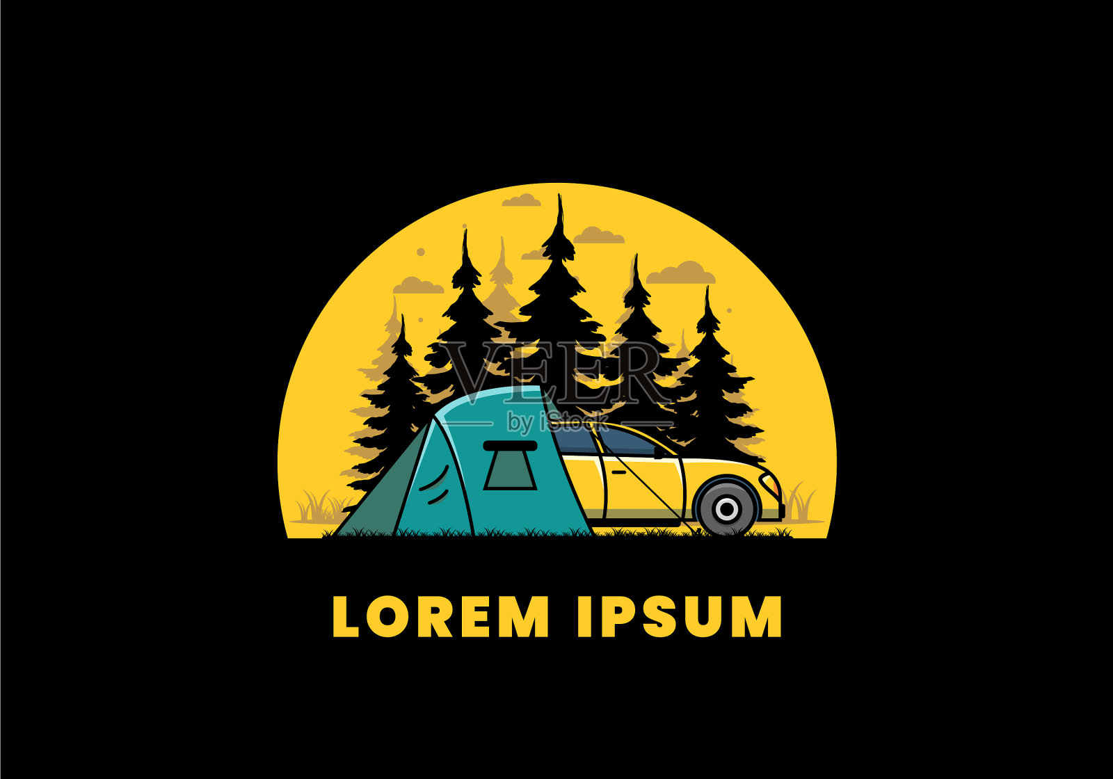 夜间开车露营插画图片素材