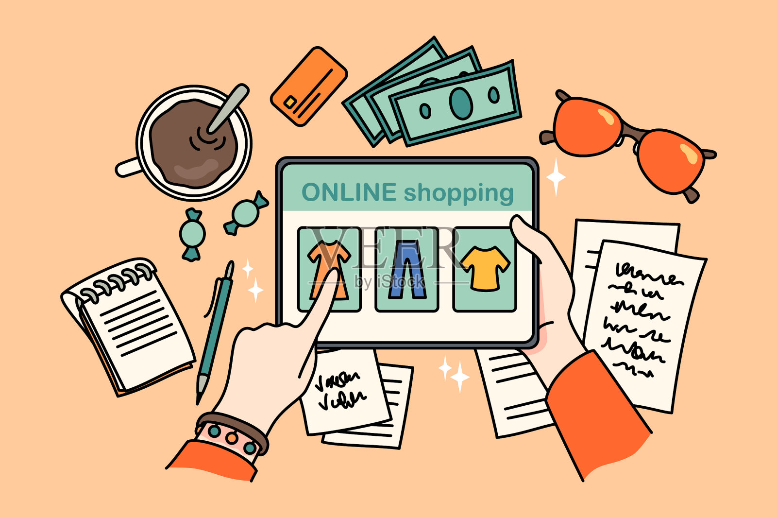 在平板电脑上网购的人插画图片素材