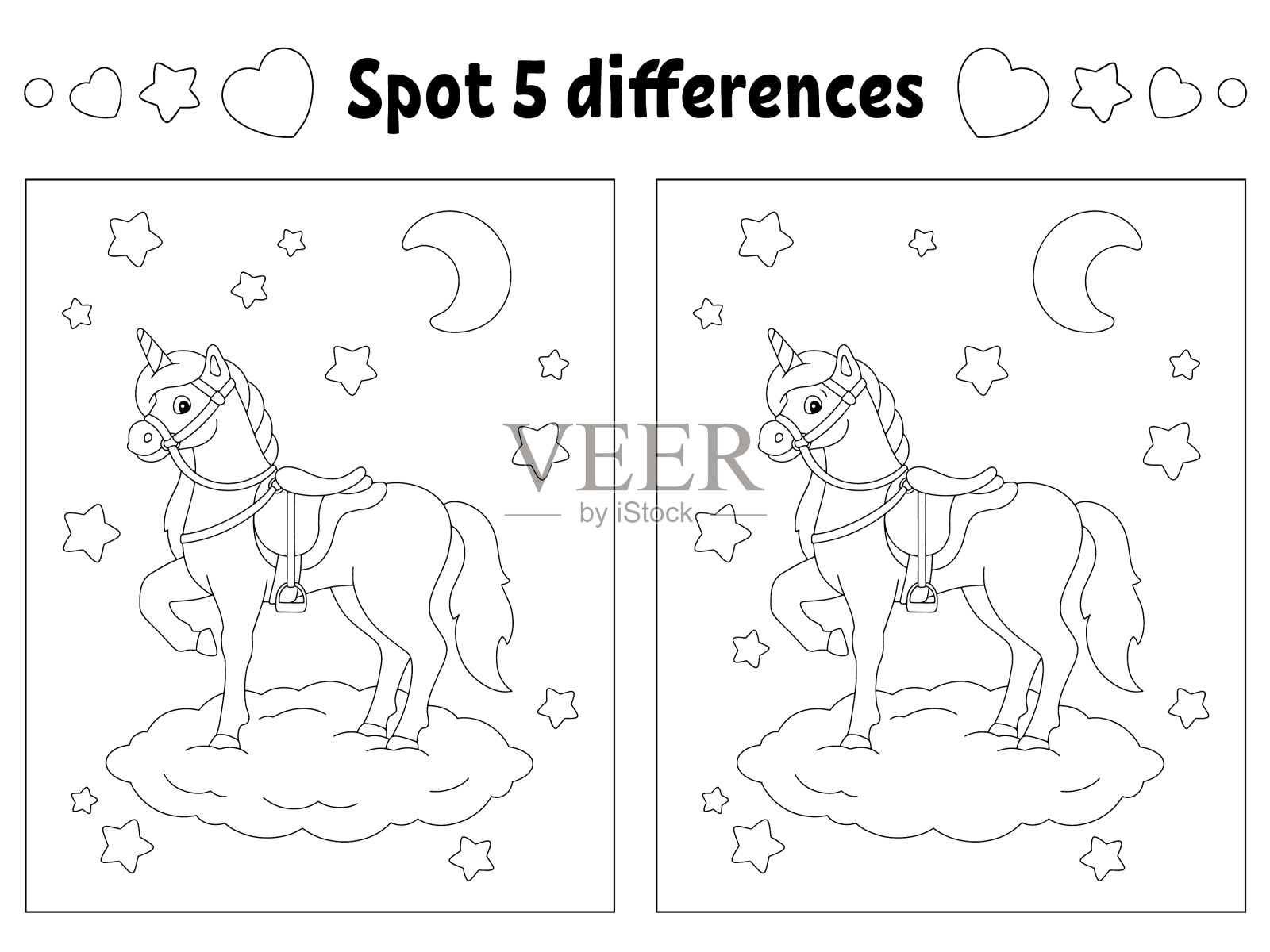 找出五个不同的儿童着色页插画图片素材