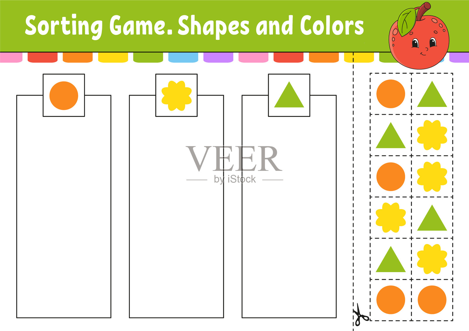 分类游戏形状和颜色，切割和胶水插画图片素材