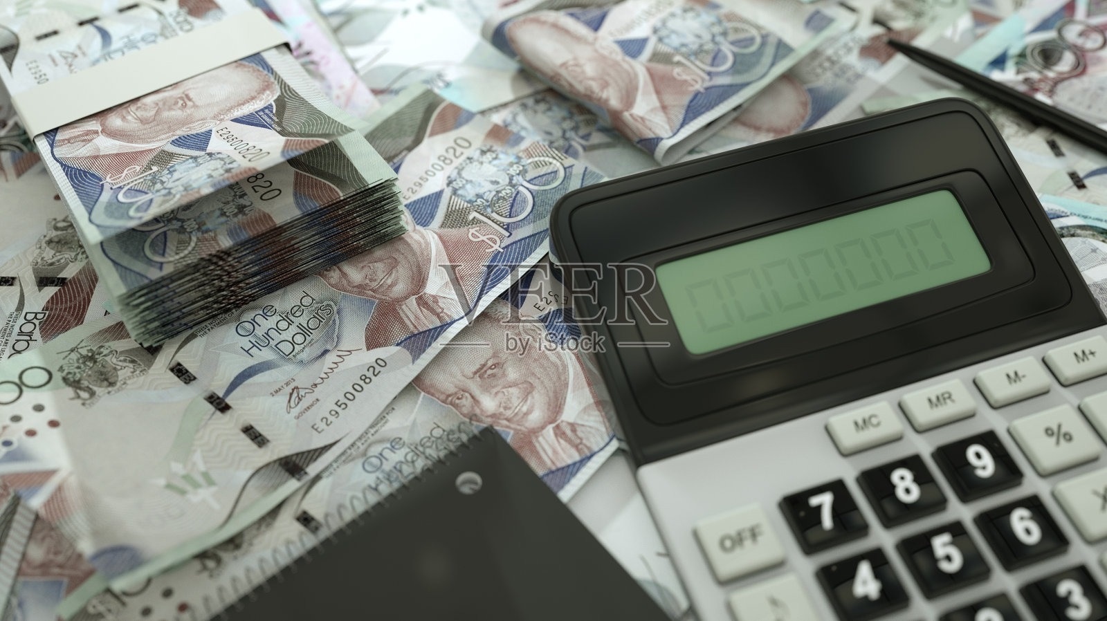 巴巴多斯的钞票摊开，里面有计算器、笔和笔记本。3d渲染，巴巴多斯美元照片摄影图片