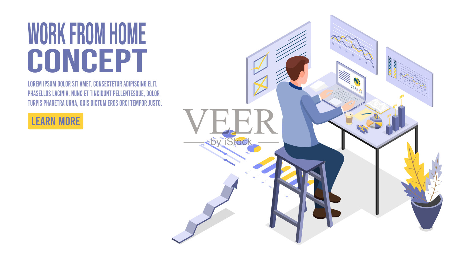 年轻人，自由职业者在家用笔记本电脑和电脑工作。插画图片素材