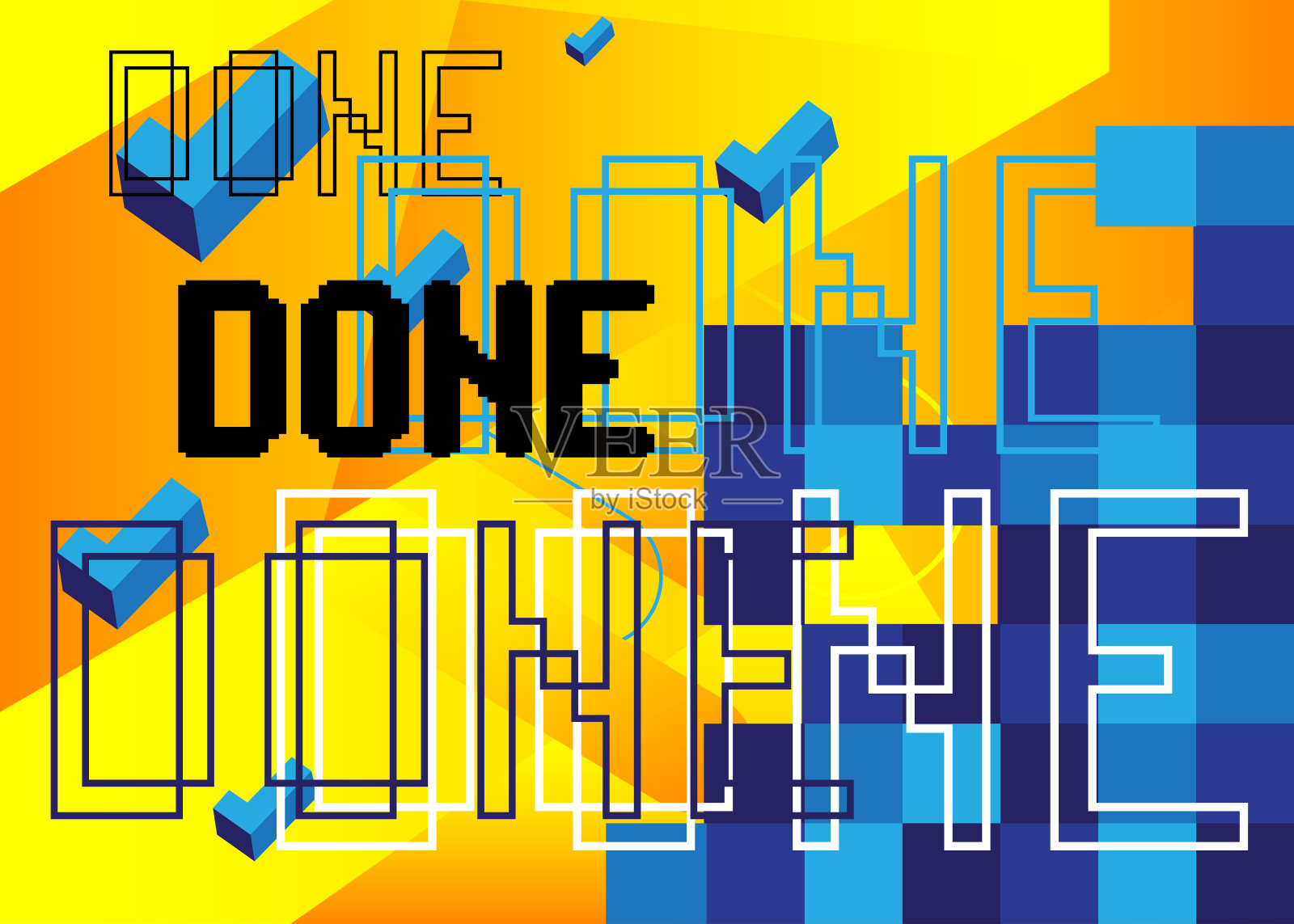 用Checkmark完成文本。像素字与几何图形背景。向量卡通插图。插画图片素材