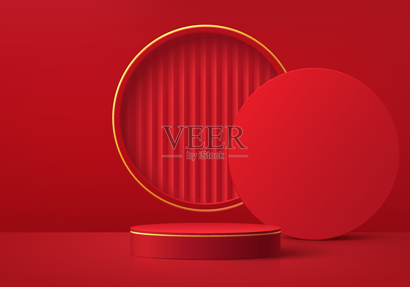 逼真的深红色和金色3D圆柱体基座平台与圆形窗口背景。抽象最小场景为产品舞台展示、促销展示。几何形式。快乐的元宵节风格。插画图片素材
