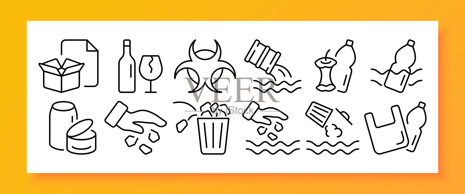 扔掉垃圾设置图标。盒子、纸张、碎玻璃、瓶子，倒进河里，化学废料、塑料、易拉罐、垃圾桶、水污染。回收的概念。矢量线图标的业务图标素材