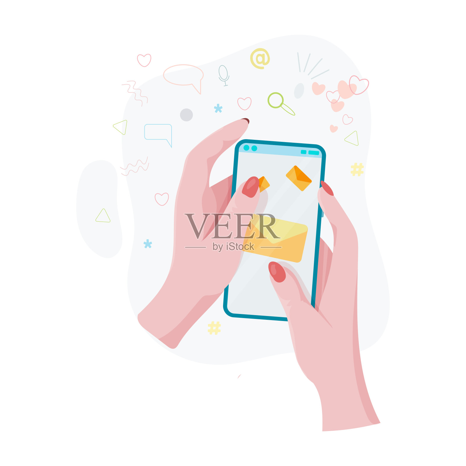 手拿着电话。互联网网络通信的概念。人们在社交网络上不停地聊天。手持手机或平板电脑的女人。矢量插图。插画图片素材