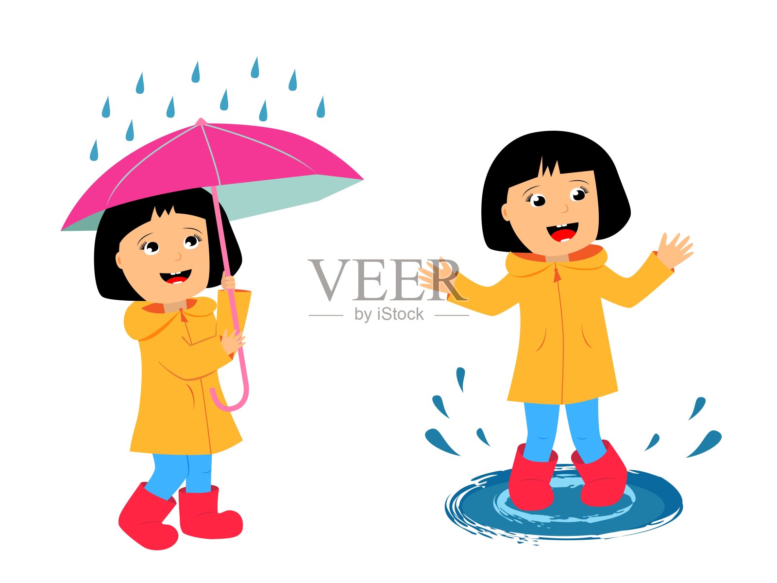一个小女孩在雨点下撑着伞，一个孩子穿着雨衣和靴子走在外面插画图片素材