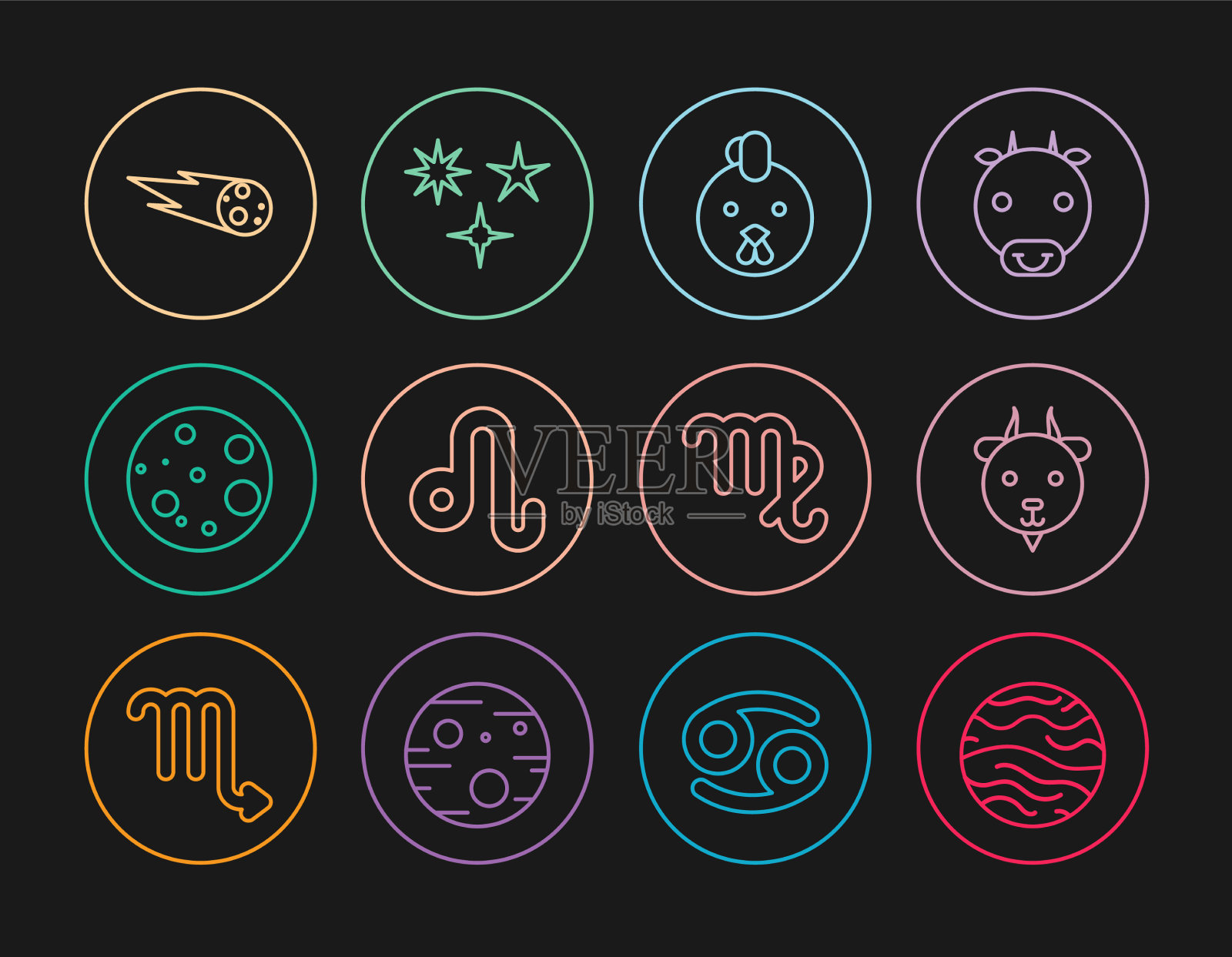 行星金星，白羊座黄道雄鸡，狮子座图标素材