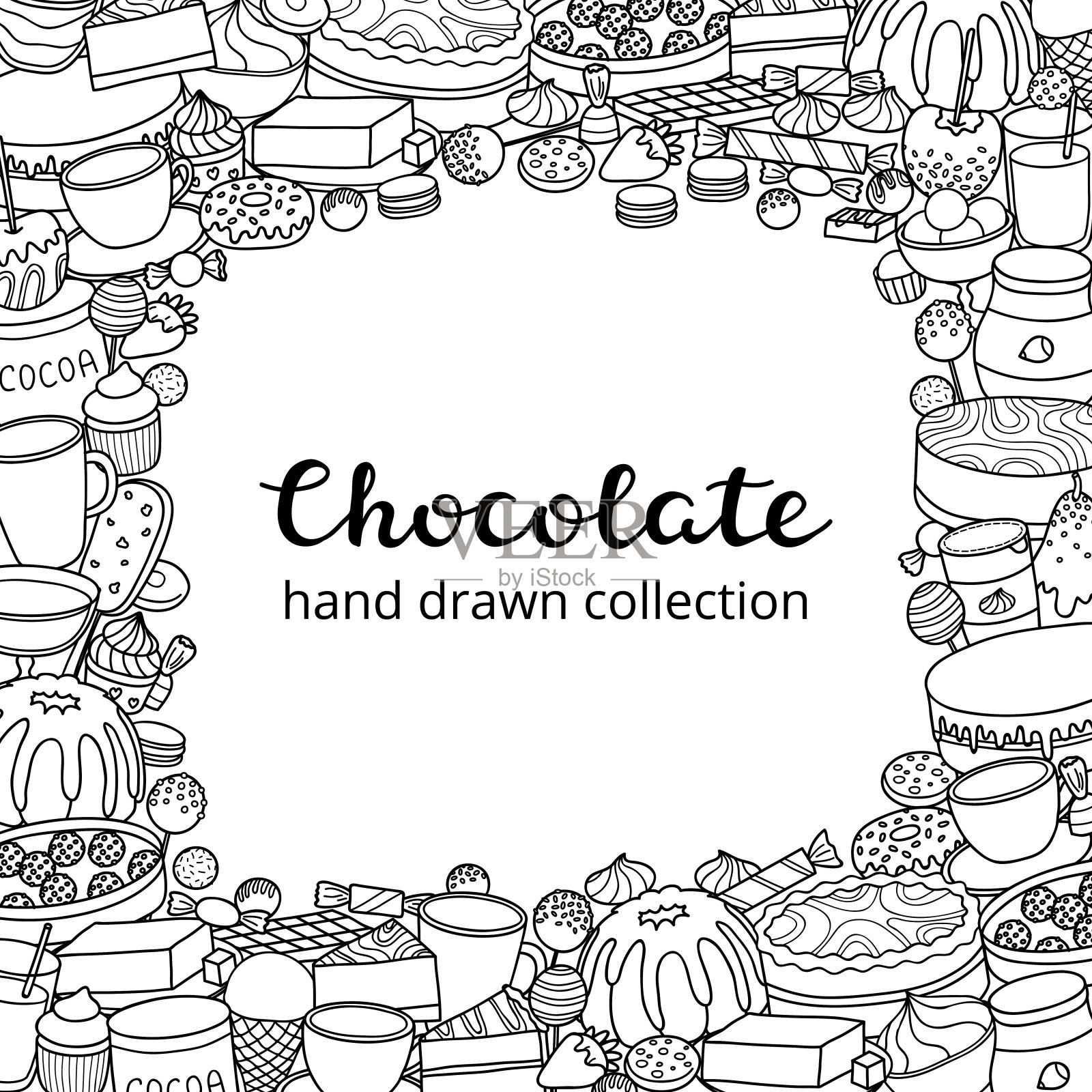 手绘巧克力甜点的背景。插画图片素材