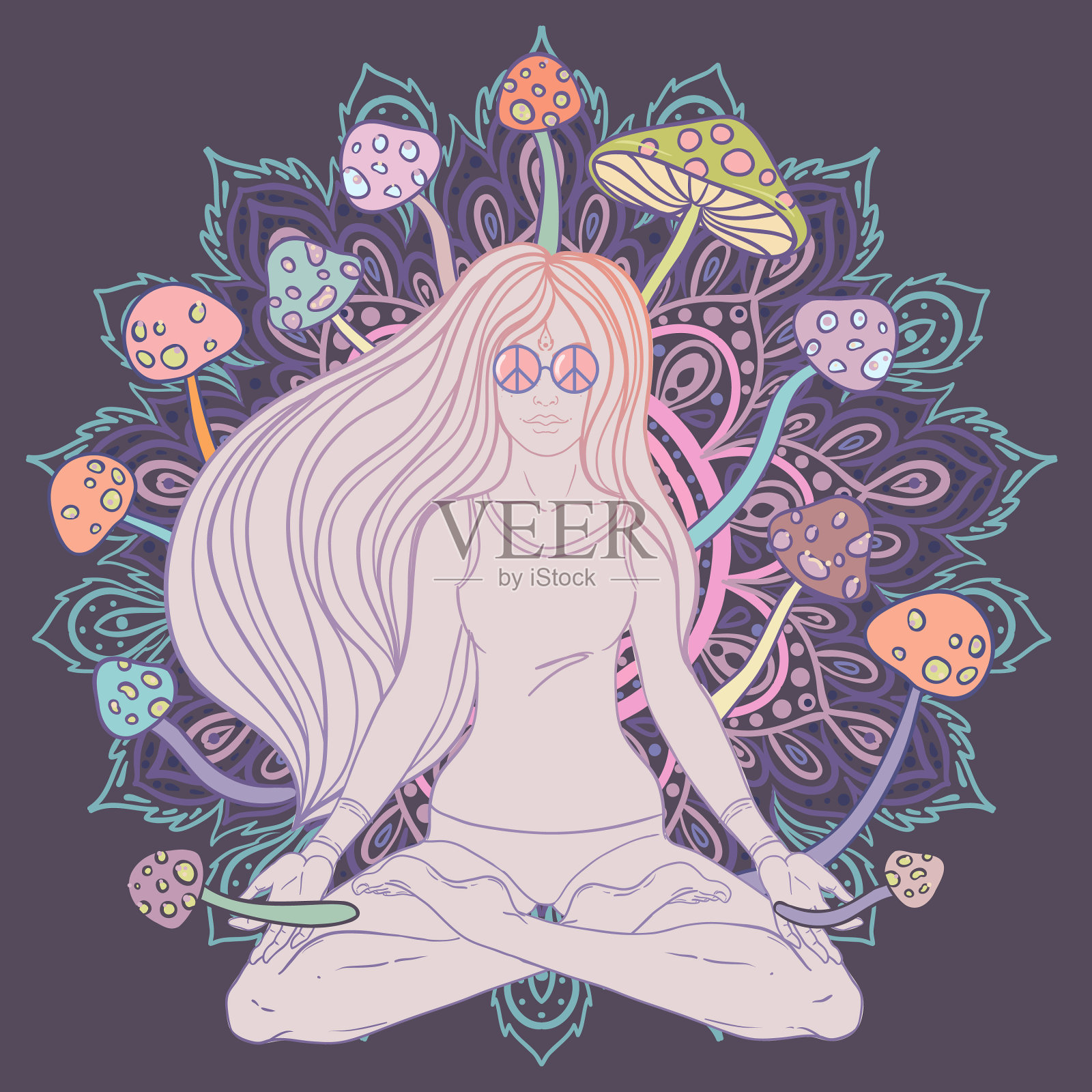 冥想的女孩坐在莲花位上插画图片素材