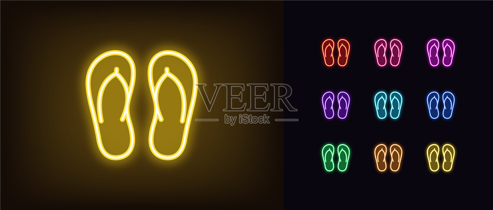 轮廓霓虹灯拖鞋双图标发光霓虹灯插画图片素材