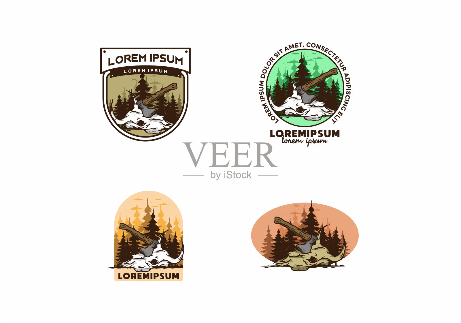 一把斧子插进了水牛的头骨插画图片素材