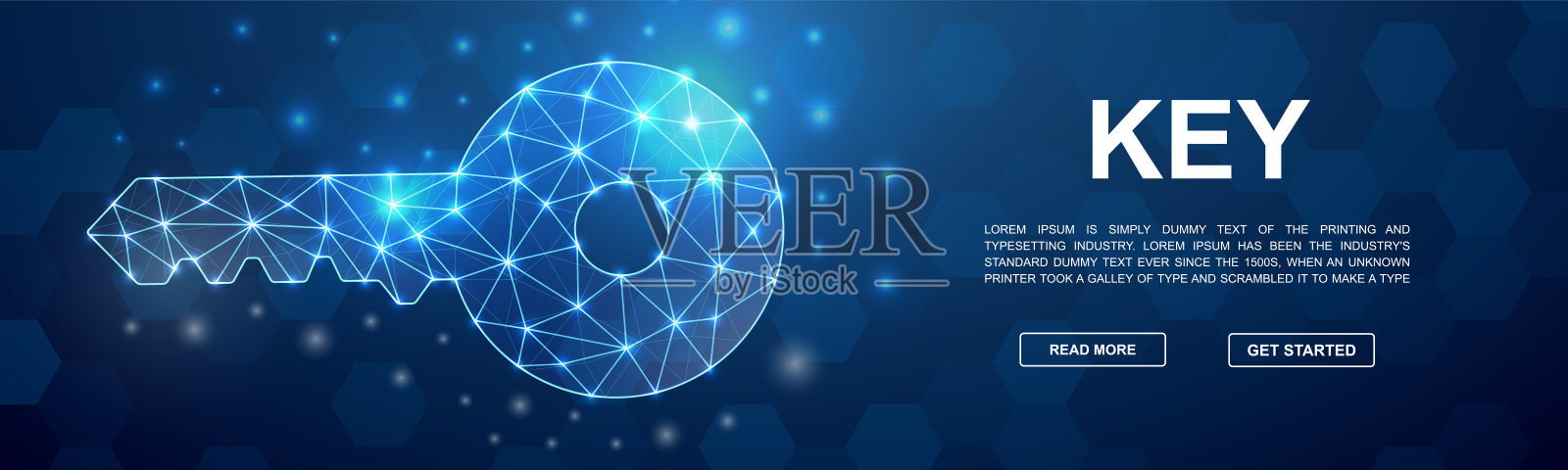 3d键低多边形符号为蓝色头部推广横幅。安全设计模板说明。横向多边形关键海报插图的主页设计，登陆页。插画图片素材
