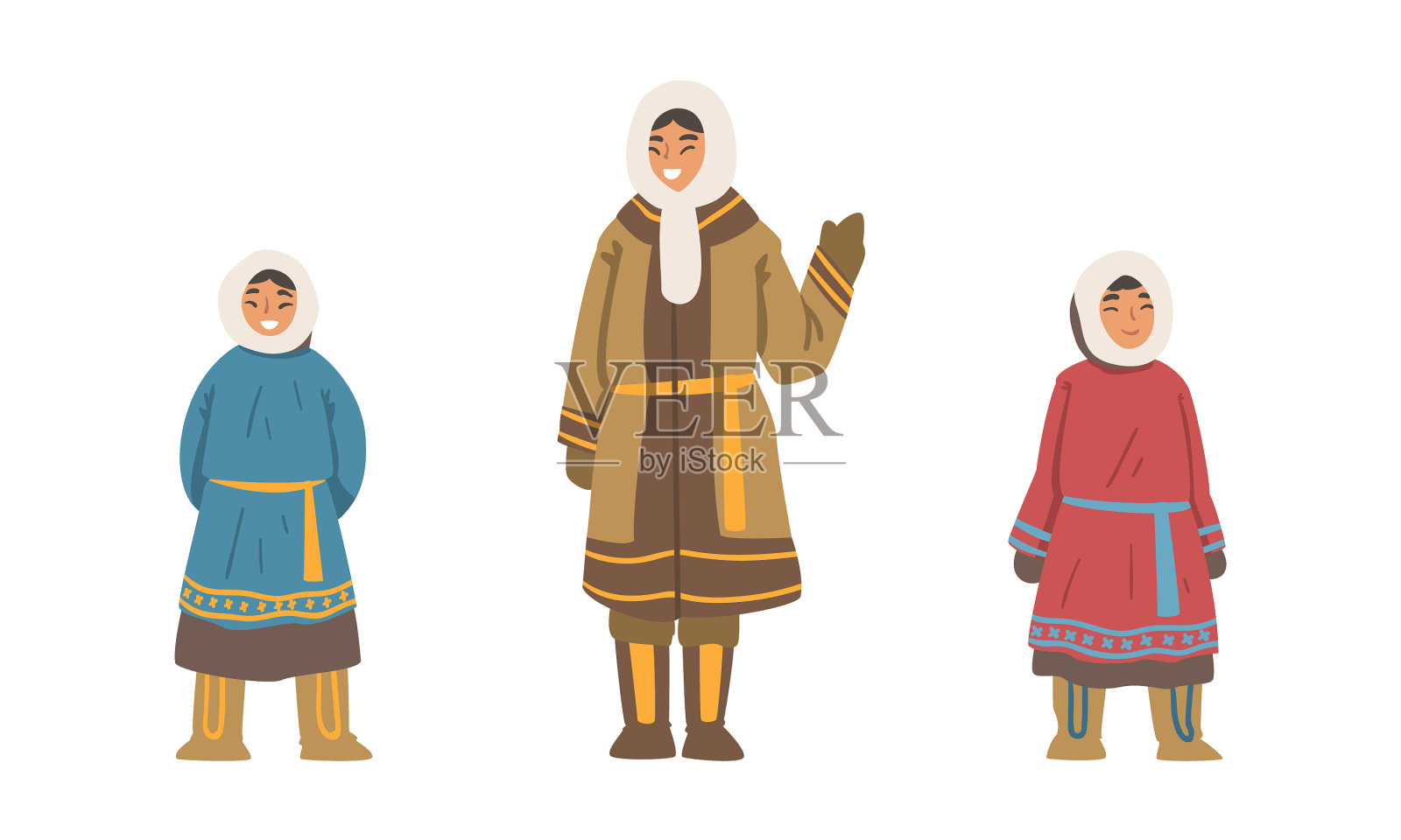 爱斯基摩土著妇女和儿童穿着性格插画图片素材