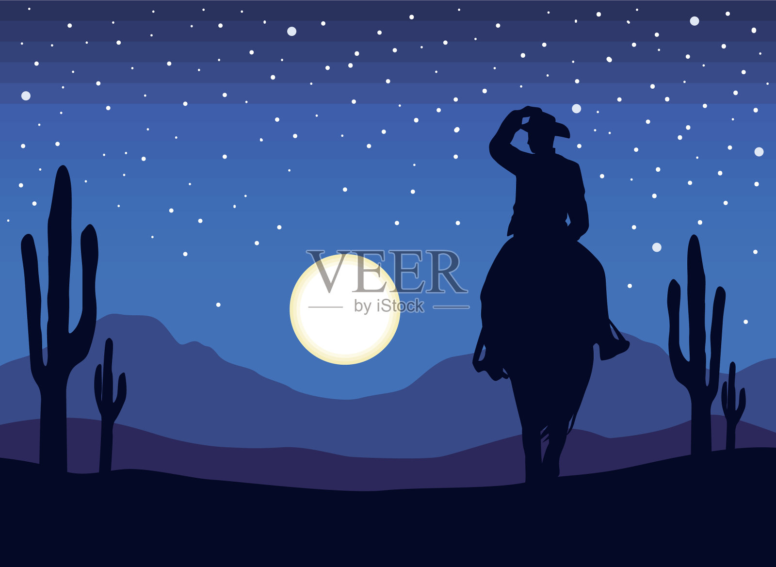 月亮轮廓的牛仔插画图片素材