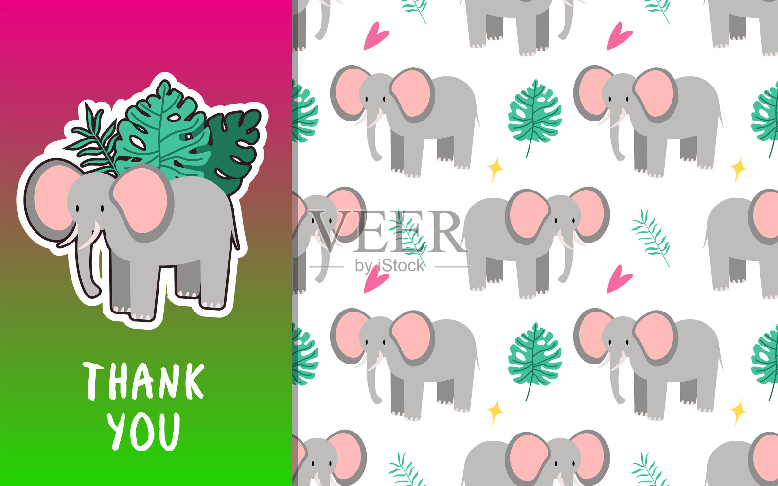 可爱的大象卡和无缝图案的宝宝插画图片素材