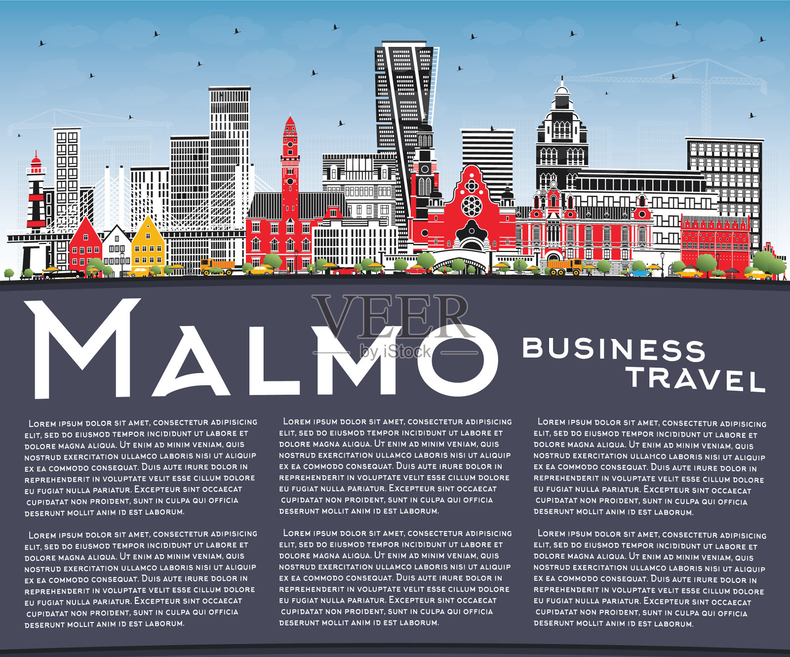 瑞典马尔默的城市天际线与彩色建筑插画图片素材