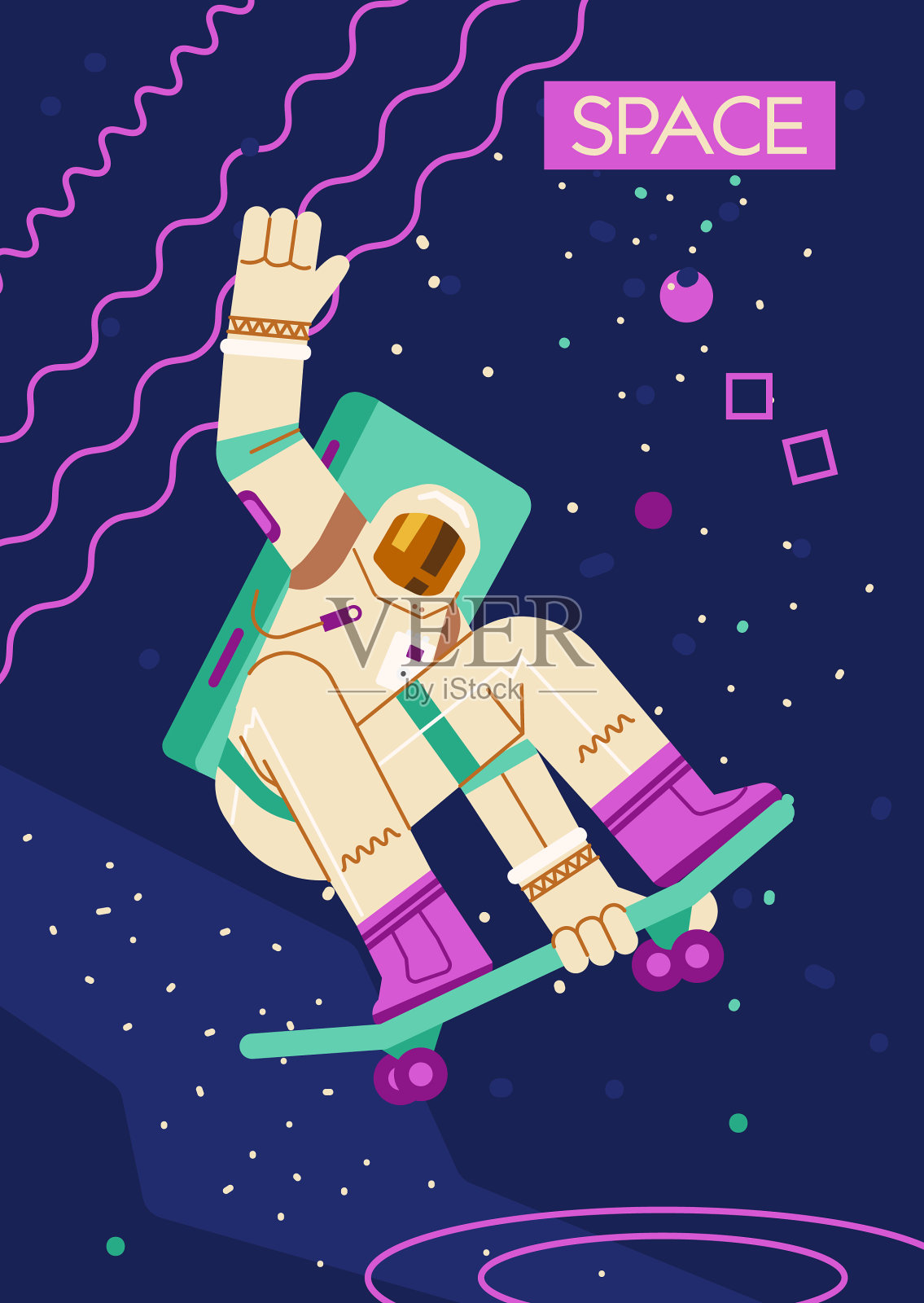 宇航员角色在平地上玩滑板插画图片素材