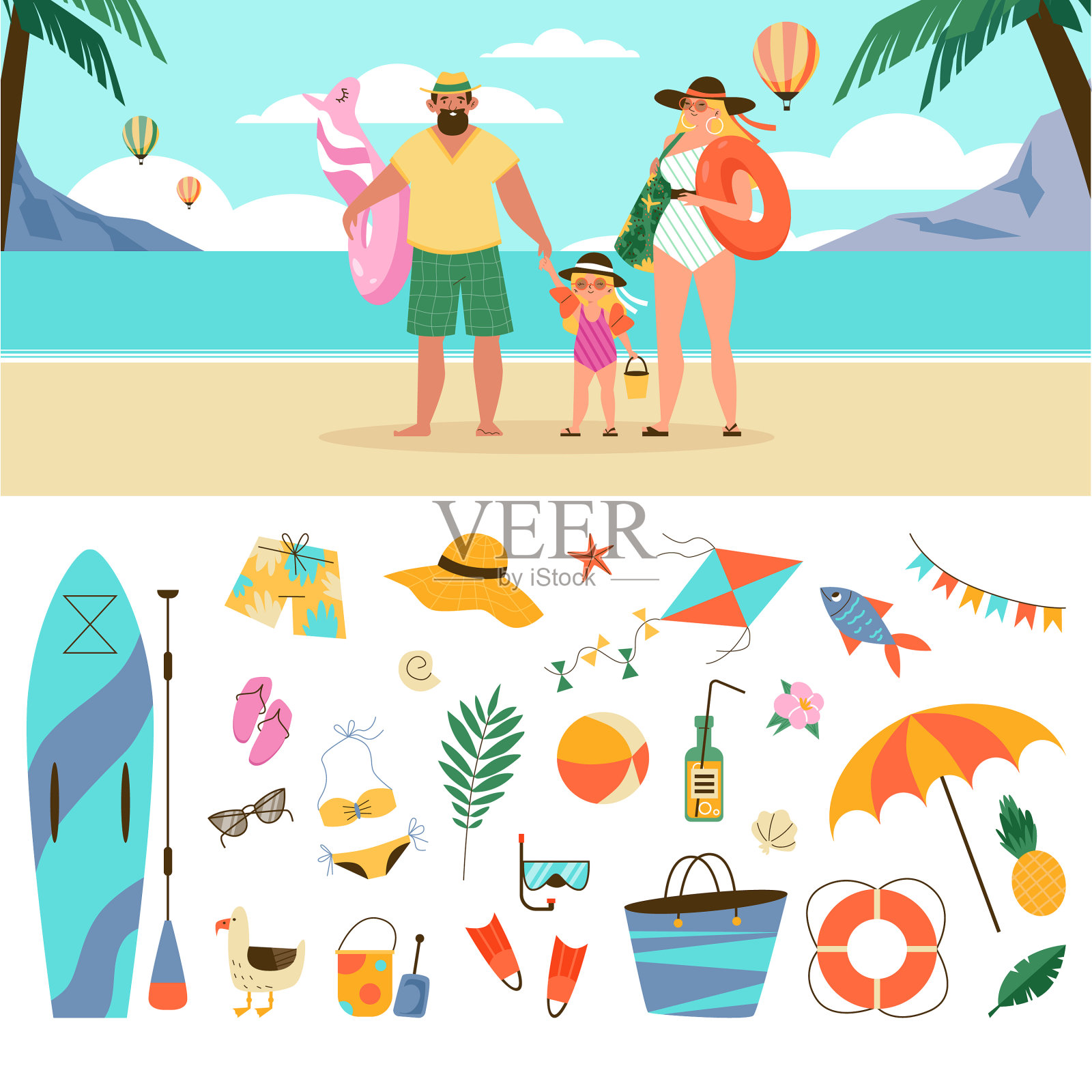 家庭海滩度假套装配件和图标素材