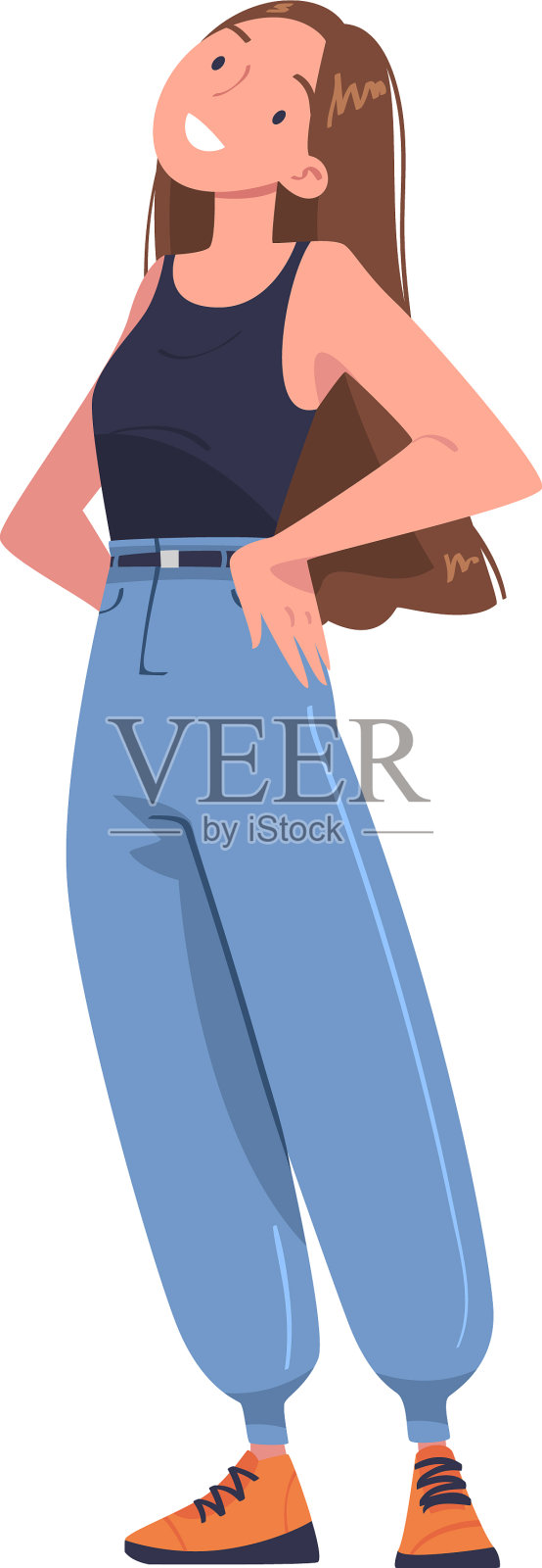 年轻微笑的女人，双手叉腰站着设计元素图片