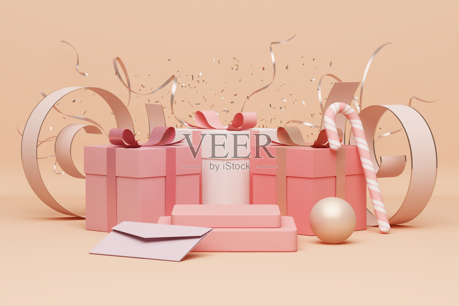 平台展示粉色粉嫩甜蜜。庆祝新年除夕晚会礼物生日圣诞倒计时活动全国节日礼盒。照片摄影图片