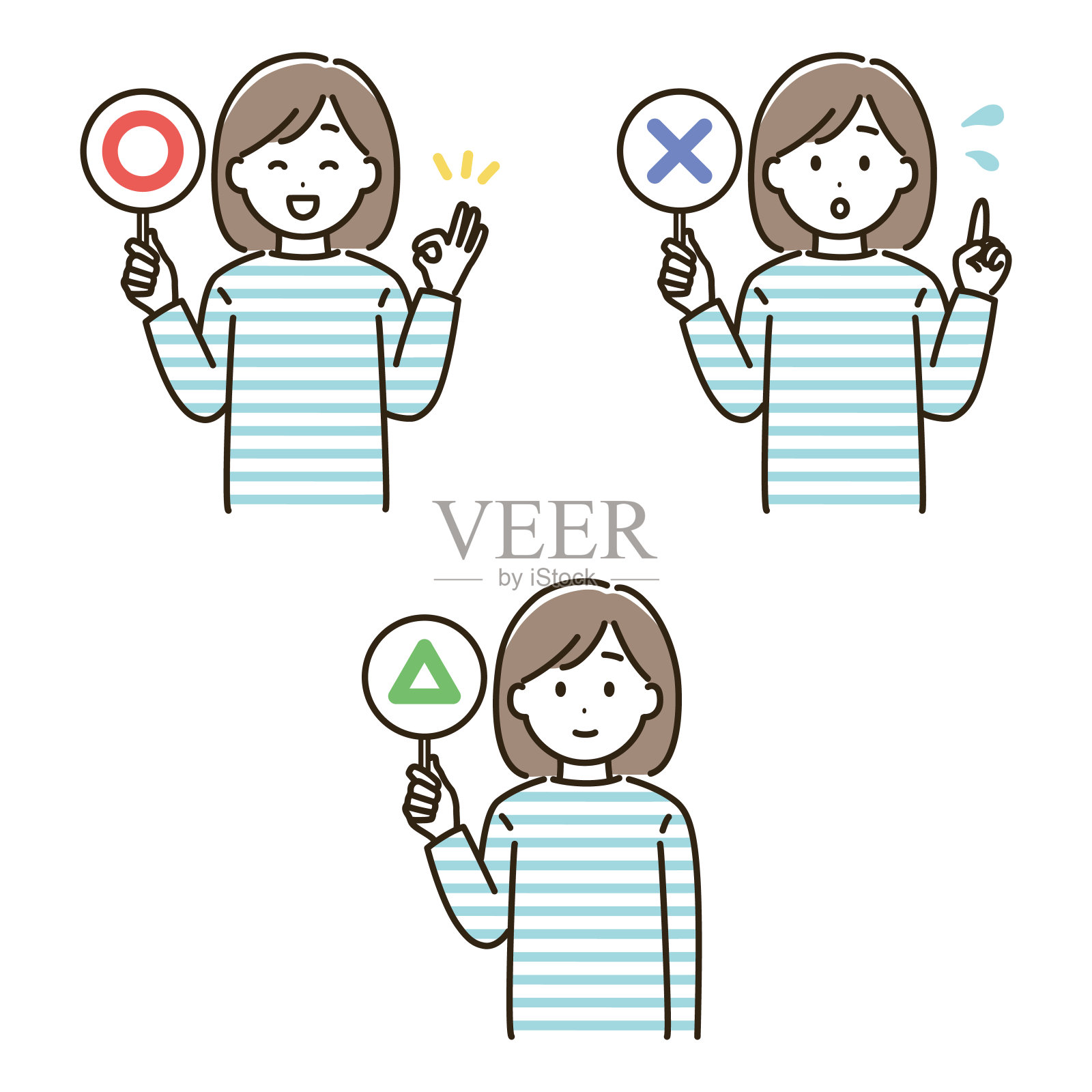 一名妇女手持圆圈、十字和三角形标签进行测试的插图(无肤色版本)插画图片素材
