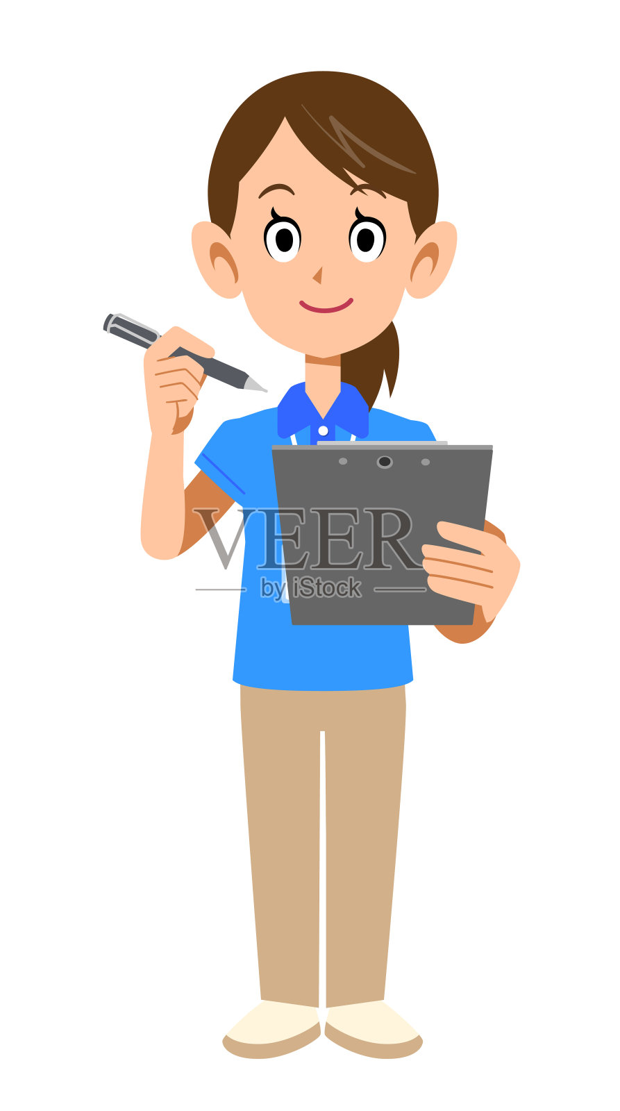 一名身穿短袖polo衫、佩戴名牌的女职员填写文件插画图片素材