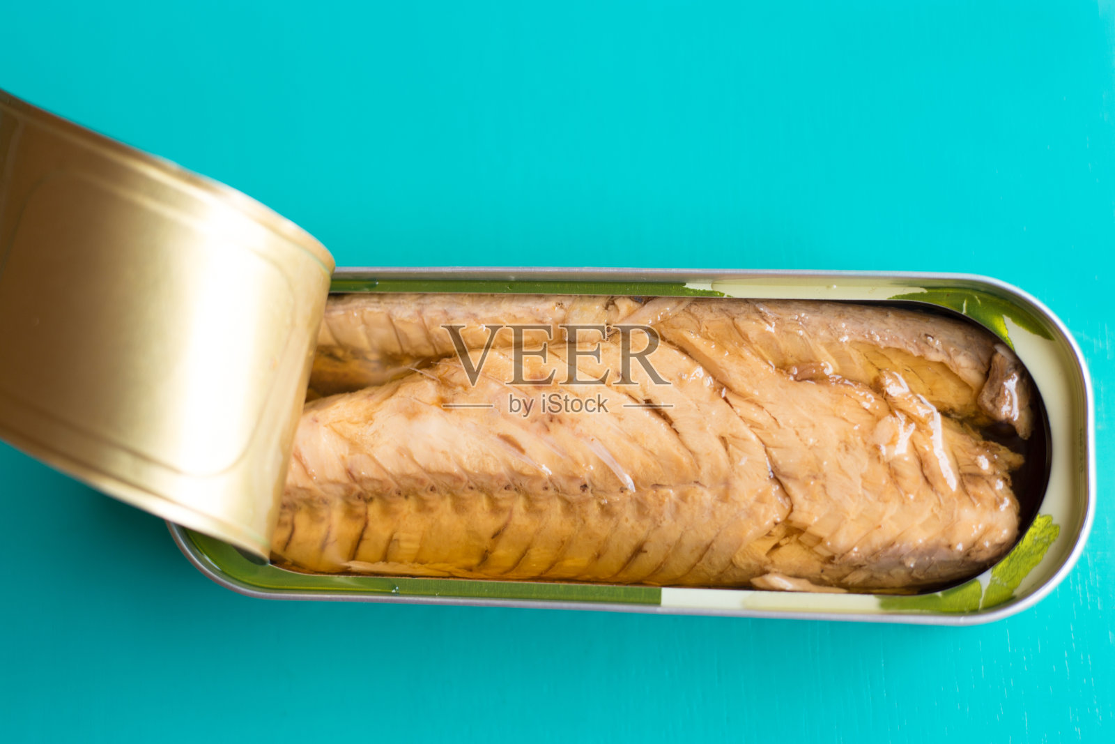 青鱼罐头，绿松石背景拷贝空间照片摄影图片