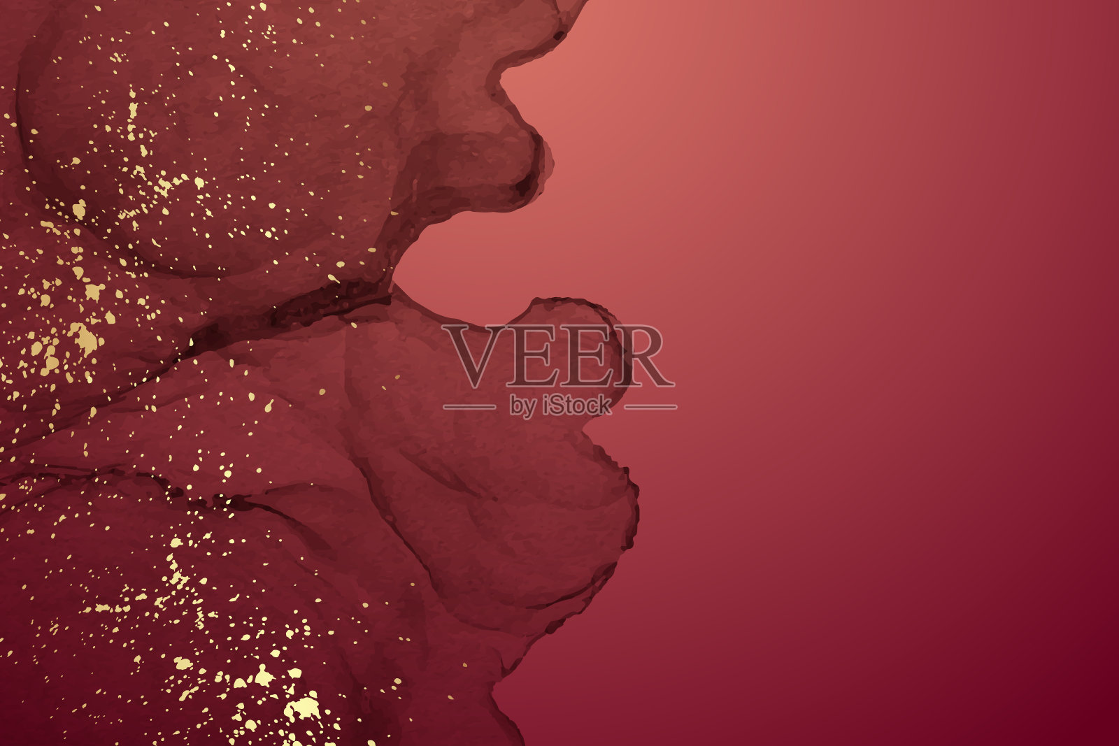 水彩背景与抽象的红色墨水波和金色的飞溅。插画图片素材
