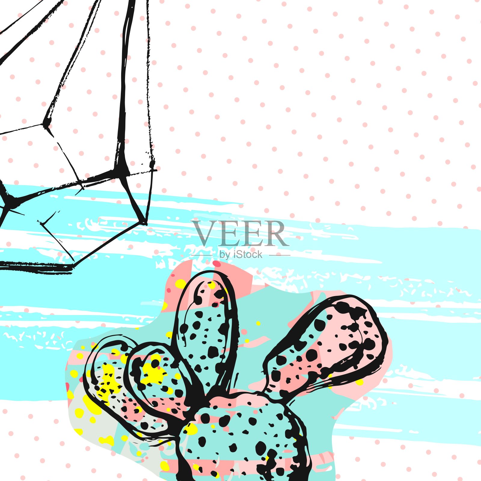 手绘矢量抽象图形创意多肉，仙人掌和terrarium卡模板彩色艺术画笔绘制的背景。独特不寻常的潮人潮流设计。手工图形艺术插画图片素材