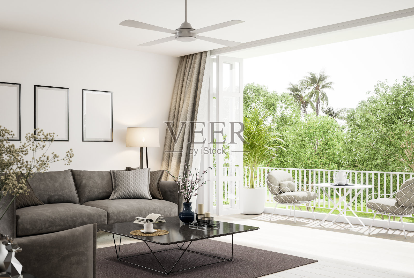 带有户外露台和自然景观3d渲染的现代客厅照片摄影图片