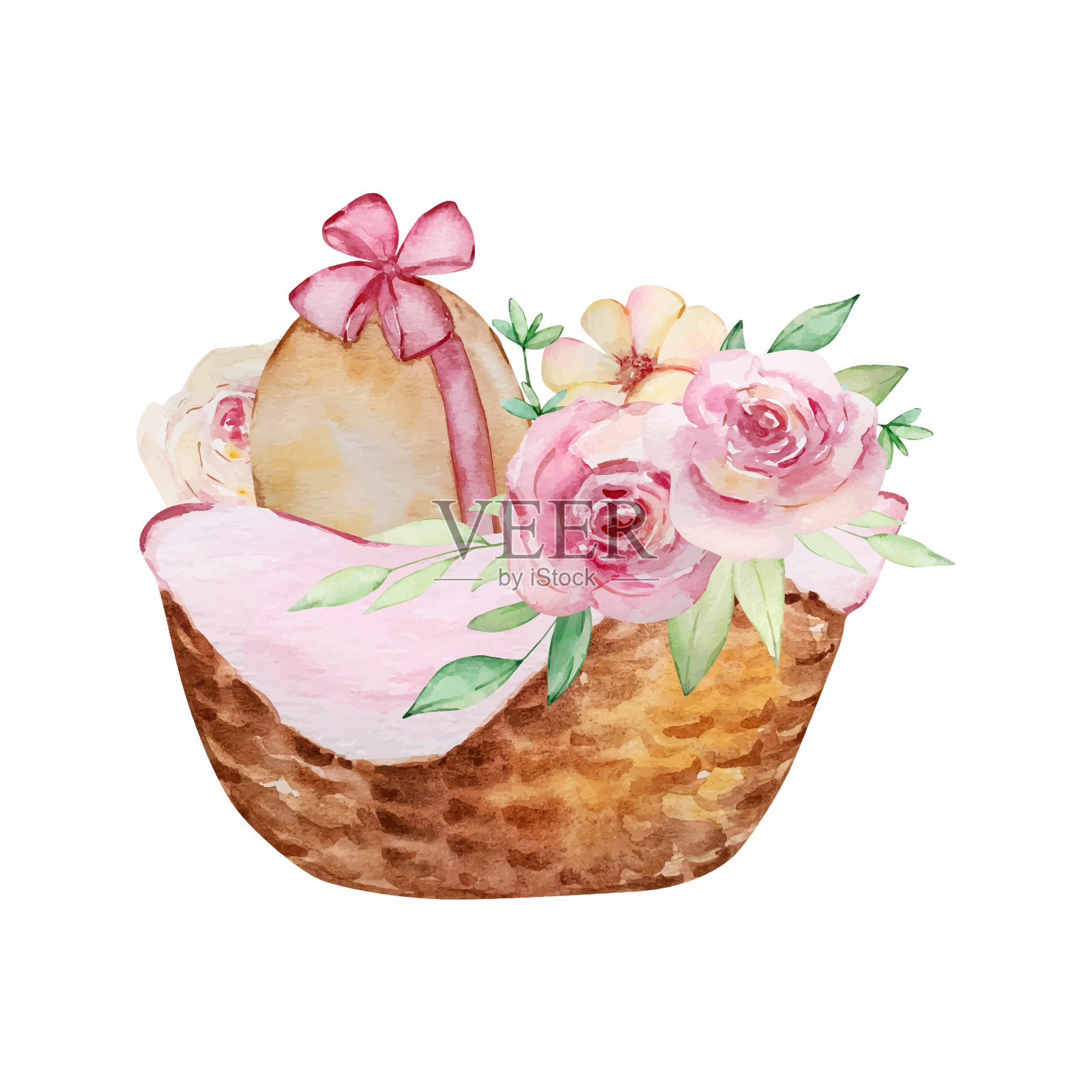 水彩春季复活节篮子与鸡蛋设计元素图片