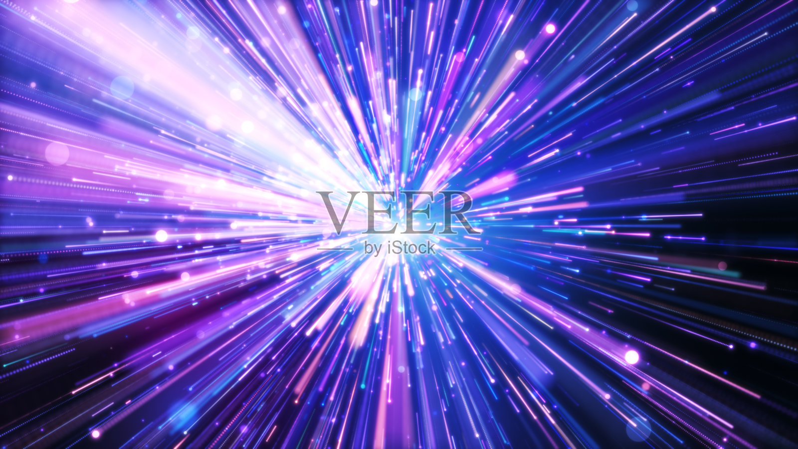 粉红色紫色蓝色的光运行，飞行通过空间。照片摄影图片