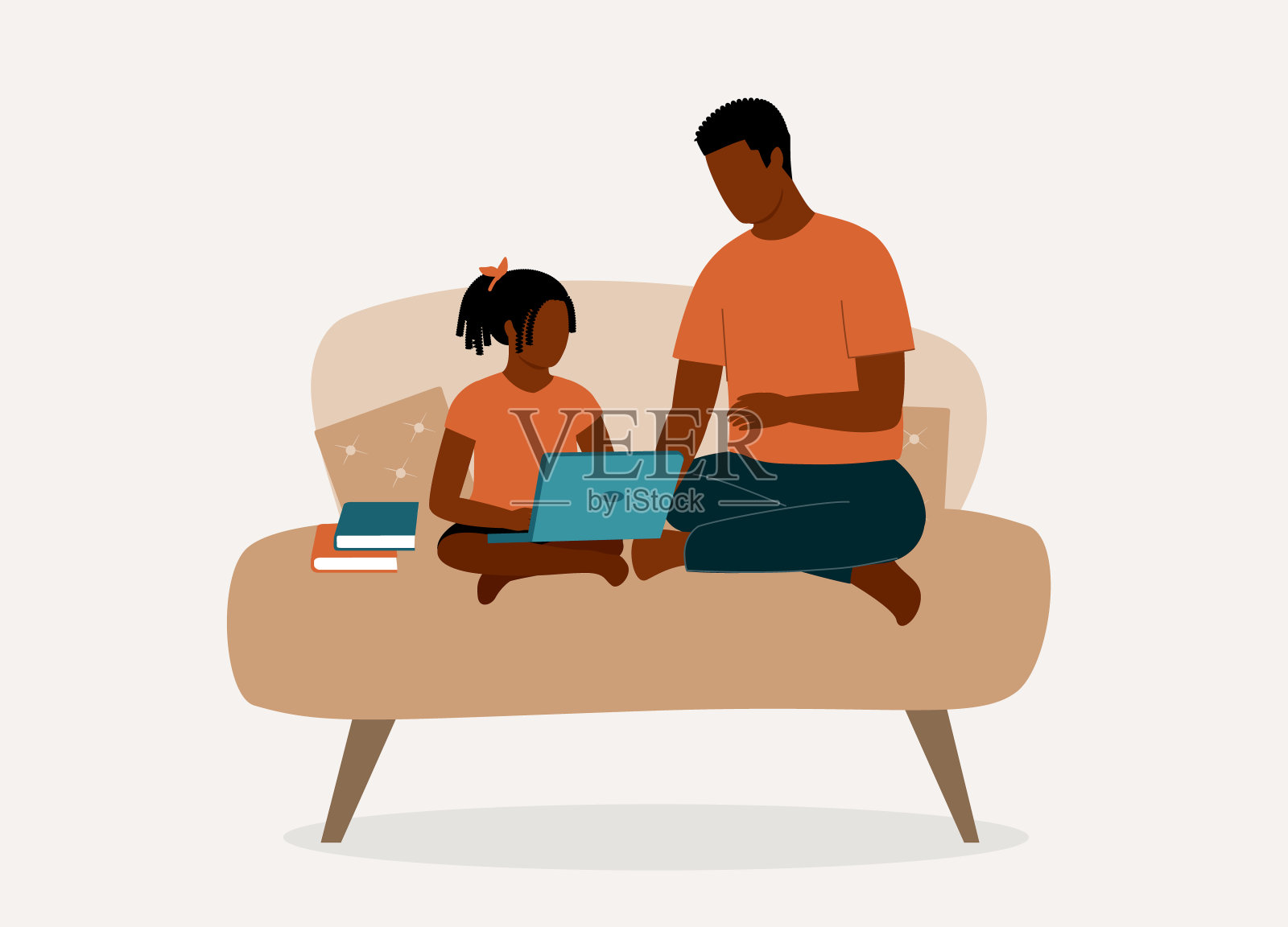 黑人父亲帮助女儿做家庭作业。网上学校。远程教育。远程学习。插画图片素材