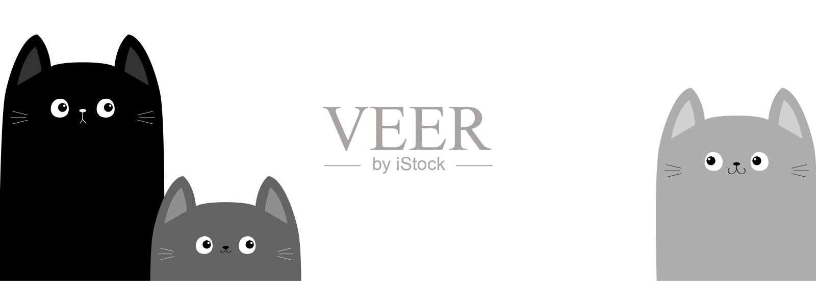 灰色黑猫头脸套。大小不一，大的小的中。猫的家庭。可爱的卡通人物。宠物宝宝横幅。贺卡。标签打印。平面设计。白色背景隔离插画图片素材